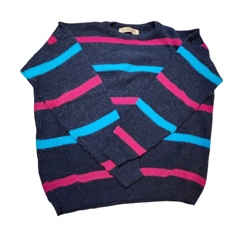 Le Tigre Sweater Mens 2X Navy Blue Pink Teal Striped Crewneck Vintage Knit